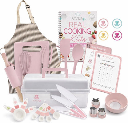 Tovla JR Kids Real Cooking and Baking Ultimate Gift Set | Montessori Kid-Safe Knives, Apron, Visual Cookbook, Timer, Storage Case & Tools | Premium Christmas & Birthday Gift for Girls & Boys