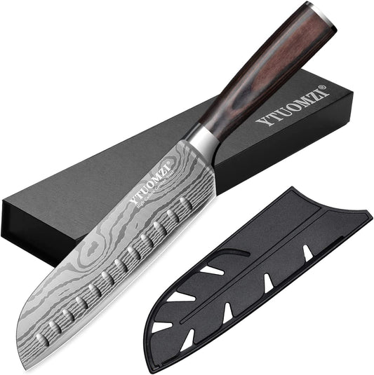 7" Santoku Knife with Blade Guard, Hollow Edge Chef's Santoku Knife 7-inch Stainless Steel Japanese Chefs Knife for Kitchen Vegetables Fruits Meat, Ergonomic Pakkawood Handle, Gift Box