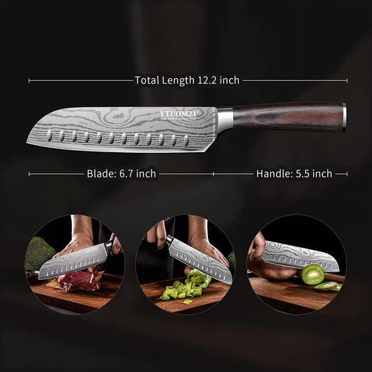 7" Santoku Knife with Blade Guard, Hollow Edge Chef's Santoku Knife 7-inch Stainless Steel Japanese Chefs Knife for Kitchen Vegetables Fruits Meat, Ergonomic Pakkawood Handle, Gift Box