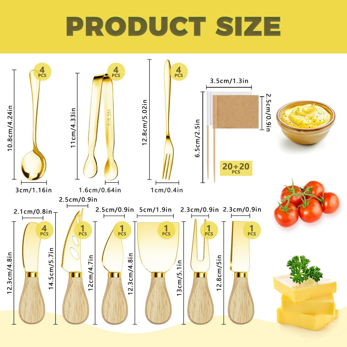 Charcuterie Boards Accessories Gold Charcuterie Utensils Cheese Butter Spreader Knife Set with Wooden Handles Small Serving Tongs Mini Forks and Spoons Flags Toothpick for Party Platter Appetizers