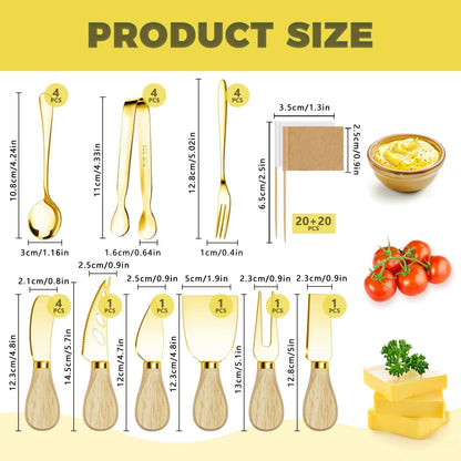 Charcuterie Boards Accessories Gold Charcuterie Utensils Cheese Butter Spreader Knife Set with Wooden Handles Small Serving Tongs Mini Forks and Spoons Flags Toothpick for Party Platter Appetizers