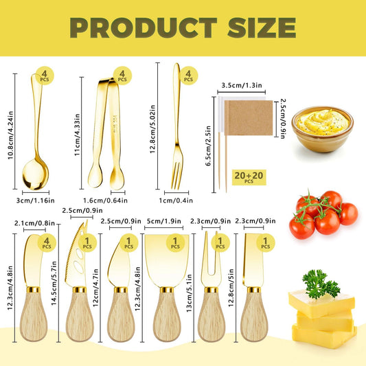Charcuterie Boards Accessories Gold Charcuterie Utensils Cheese Butter Spreader Knife Set with Wooden Handles Small Serving Tongs Mini Forks and Spoons Flags Toothpick for Party Platter Appetizers