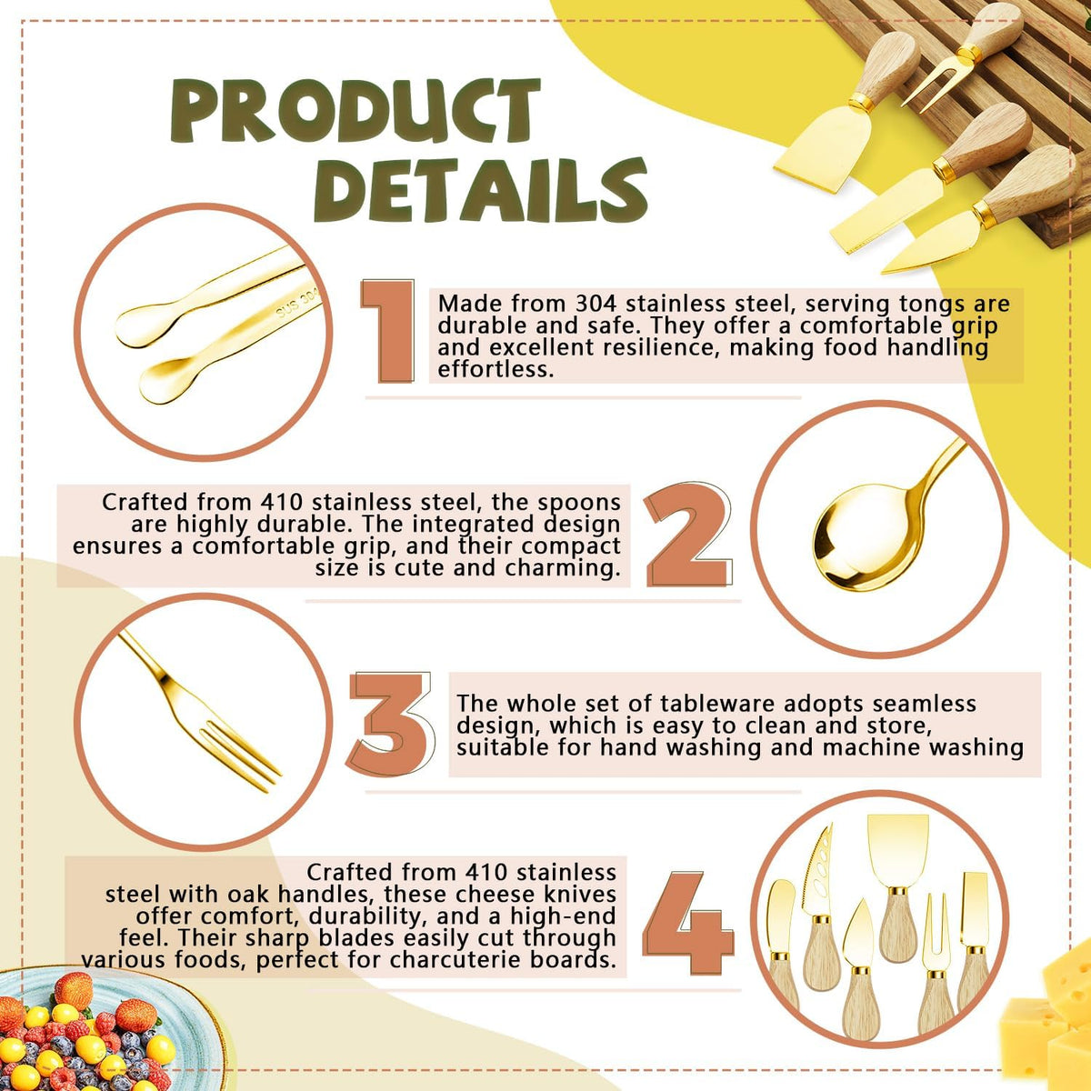 Charcuterie Boards Accessories Gold Charcuterie Utensils Cheese Butter Spreader Knife Set with Wooden Handles Small Serving Tongs Mini Forks and Spoons Flags Toothpick for Party Platter Appetizers