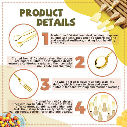 Charcuterie Boards Accessories Gold Charcuterie Utensils Cheese Butter Spreader Knife Set with Wooden Handles Small Serving Tongs Mini Forks and Spoons Flags Toothpick for Party Platter Appetizers