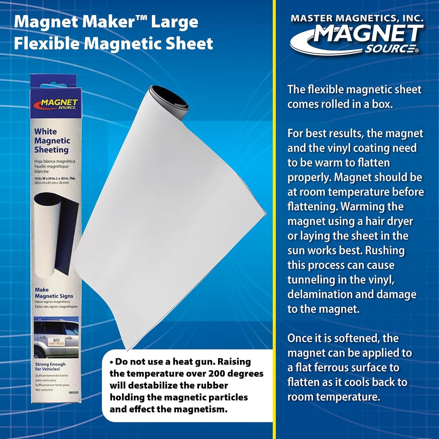Flexible Magnetic Sheet - Non-Adhesive Magnet - Ideal for Car Signs - Strong DIY Magnets for Fridge, Dry Erase Board, Crafting - 24.5" L x 12" W - White Vinyl Front - 1-Pack
