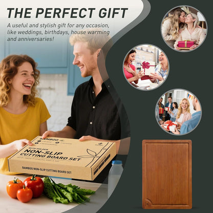 3 Packs Bamboo Cutting Board Set with Non Slip Feet Holder and Over Sink Nice Solid Thick Wood Juice Groove Chopping Board Extra Large Big Small Best Hardwood Kitchen Organic Vegetable Meat BBQ Kit
