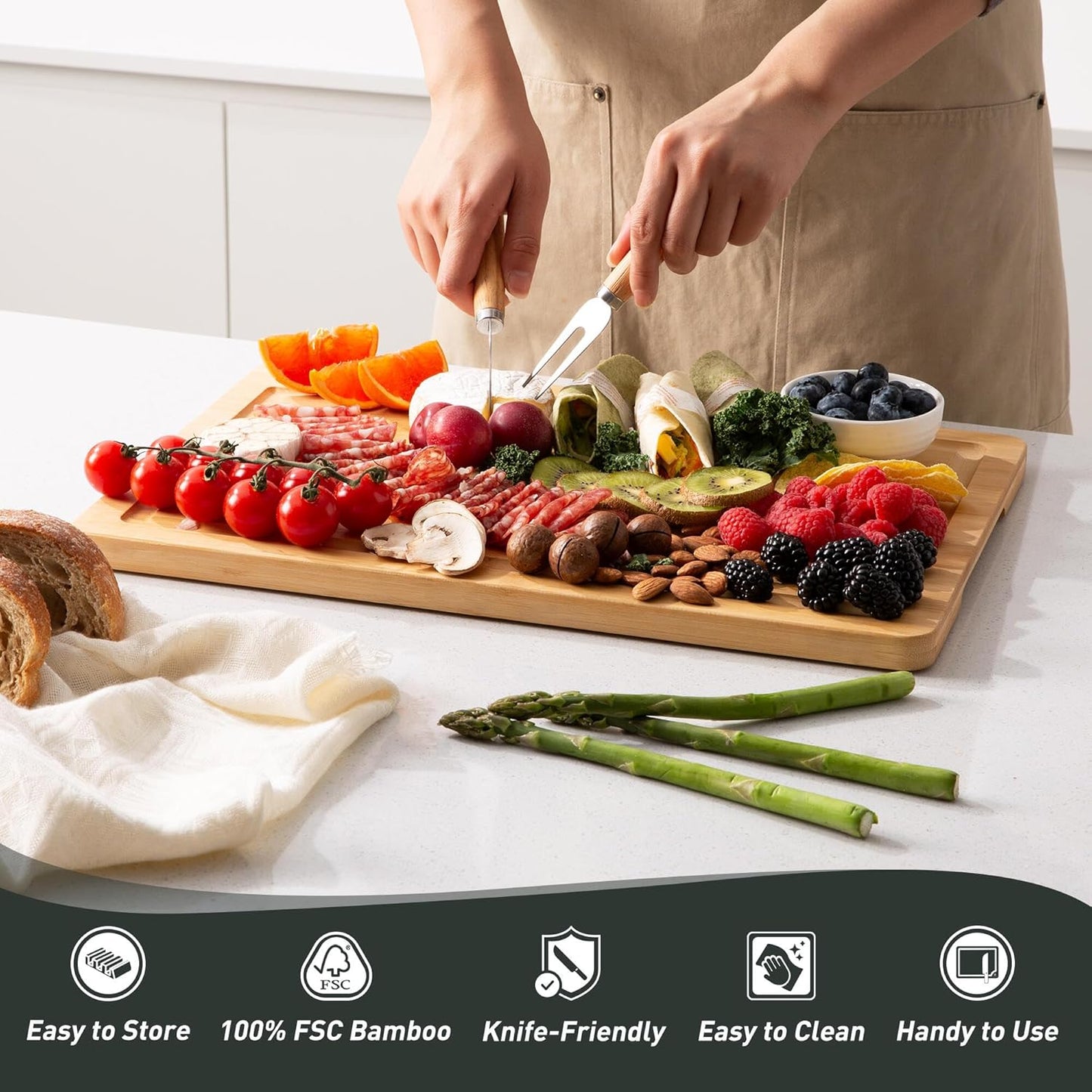 3 Packs Bamboo Cutting Board Set with Non Slip Feet Holder and Over Sink Nice Solid Thick Wood Juice Groove Chopping Board Extra Large Big Small Best Hardwood Kitchen Organic Vegetable Meat BBQ Kit