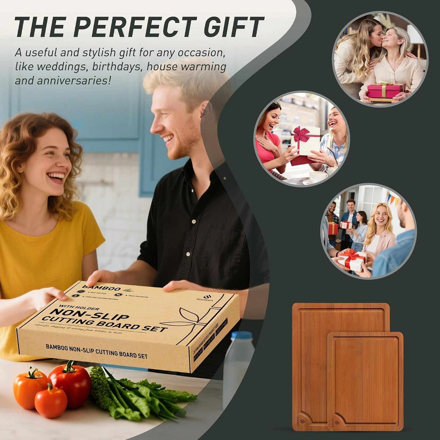 3 Packs Bamboo Cutting Board Set with Non Slip Feet Holder and Over Sink Nice Solid Thick Wood Juice Groove Chopping Board Extra Large Big Small Best Hardwood Kitchen Organic Vegetable Meat BBQ Kit