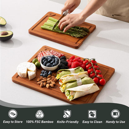 3 Packs Bamboo Cutting Board Set with Non Slip Feet Holder and Over Sink Nice Solid Thick Wood Juice Groove Chopping Board Extra Large Big Small Best Hardwood Kitchen Organic Vegetable Meat BBQ Kit
