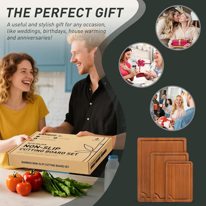 3 Packs Bamboo Cutting Board Set with Non Slip Feet Holder and Over Sink Nice Solid Thick Wood Juice Groove Chopping Board Extra Large Big Small Best Hardwood Kitchen Organic Vegetable Meat BBQ Kit