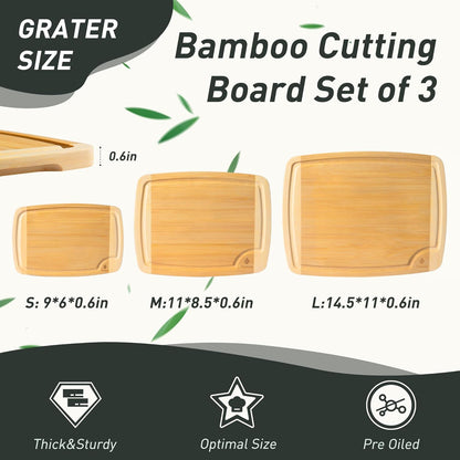 3 Packs Bamboo Cutting Board Set with Non Slip Feet Holder and Over Sink Nice Solid Thick Wood Juice Groove Chopping Board Extra Large Big Small Best Hardwood Kitchen Organic Vegetable Meat BBQ Kit