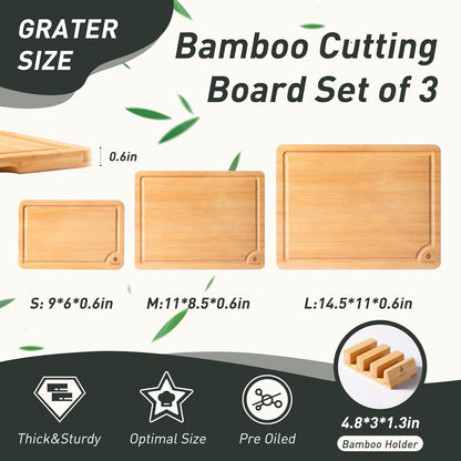 3 Packs Bamboo Cutting Board Set with Non Slip Feet Holder and Over Sink Nice Solid Thick Wood Juice Groove Chopping Board Extra Large Big Small Best Hardwood Kitchen Organic Vegetable Meat BBQ Kit