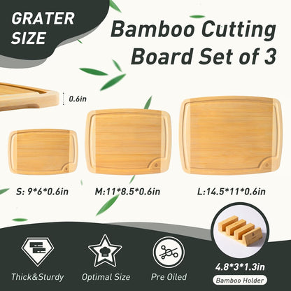 3 Packs Bamboo Cutting Board Set with Non Slip Feet Holder and Over Sink Nice Solid Thick Wood Juice Groove Chopping Board Extra Large Big Small Best Hardwood Kitchen Organic Vegetable Meat BBQ Kit