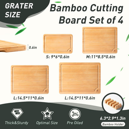 3 Packs Bamboo Cutting Board Set with Non Slip Feet Holder and Over Sink Nice Solid Thick Wood Juice Groove Chopping Board Extra Large Big Small Best Hardwood Kitchen Organic Vegetable Meat BBQ Kit