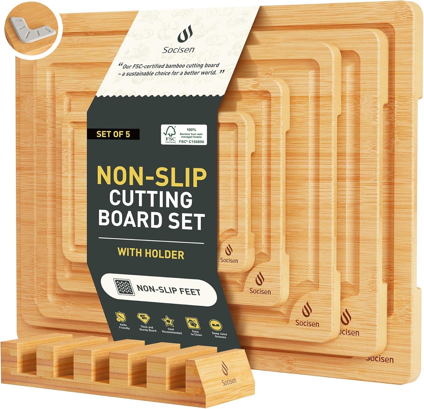 3 Packs Bamboo Cutting Board Set with Non Slip Feet Holder and Over Sink Nice Solid Thick Wood Juice Groove Chopping Board Extra Large Big Small Best Hardwood Kitchen Organic Vegetable Meat BBQ Kit