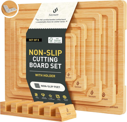 3 Packs Bamboo Cutting Board Set with Non Slip Feet Holder and Over Sink Nice Solid Thick Wood Juice Groove Chopping Board Extra Large Big Small Best Hardwood Kitchen Organic Vegetable Meat BBQ Kit