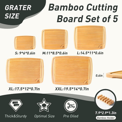 3 Packs Bamboo Cutting Board Set with Non Slip Feet Holder and Over Sink Nice Solid Thick Wood Juice Groove Chopping Board Extra Large Big Small Best Hardwood Kitchen Organic Vegetable Meat BBQ Kit