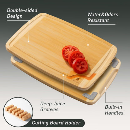 3 Packs Bamboo Cutting Board Set with Non Slip Feet Holder and Over Sink Nice Solid Thick Wood Juice Groove Chopping Board Extra Large Big Small Best Hardwood Kitchen Organic Vegetable Meat BBQ Kit