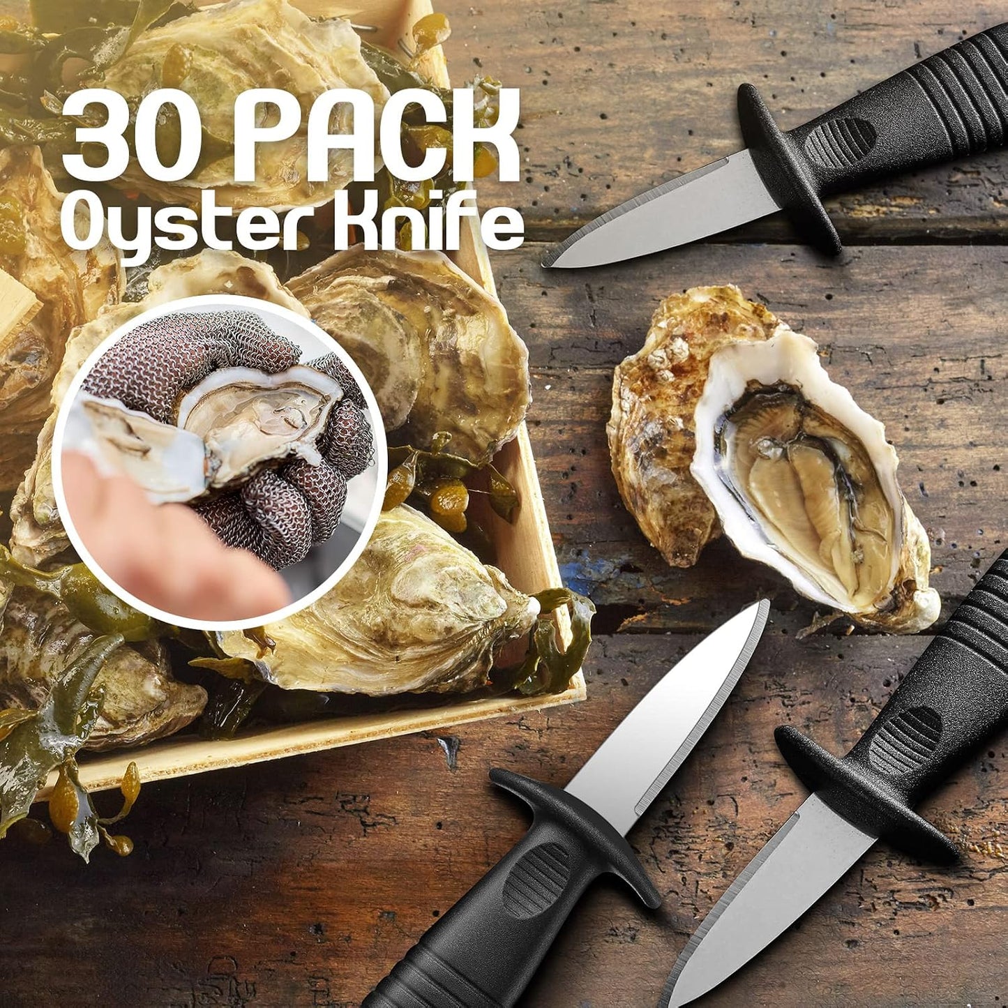 30 Pcs Oyster Shucking Knife Stainless Steel Shucker Oyster Opener with Non Slip Handle for Clam Crab Kitchen Shrimp Shellfish Seafood Tools, 5.79 Inch(Black)