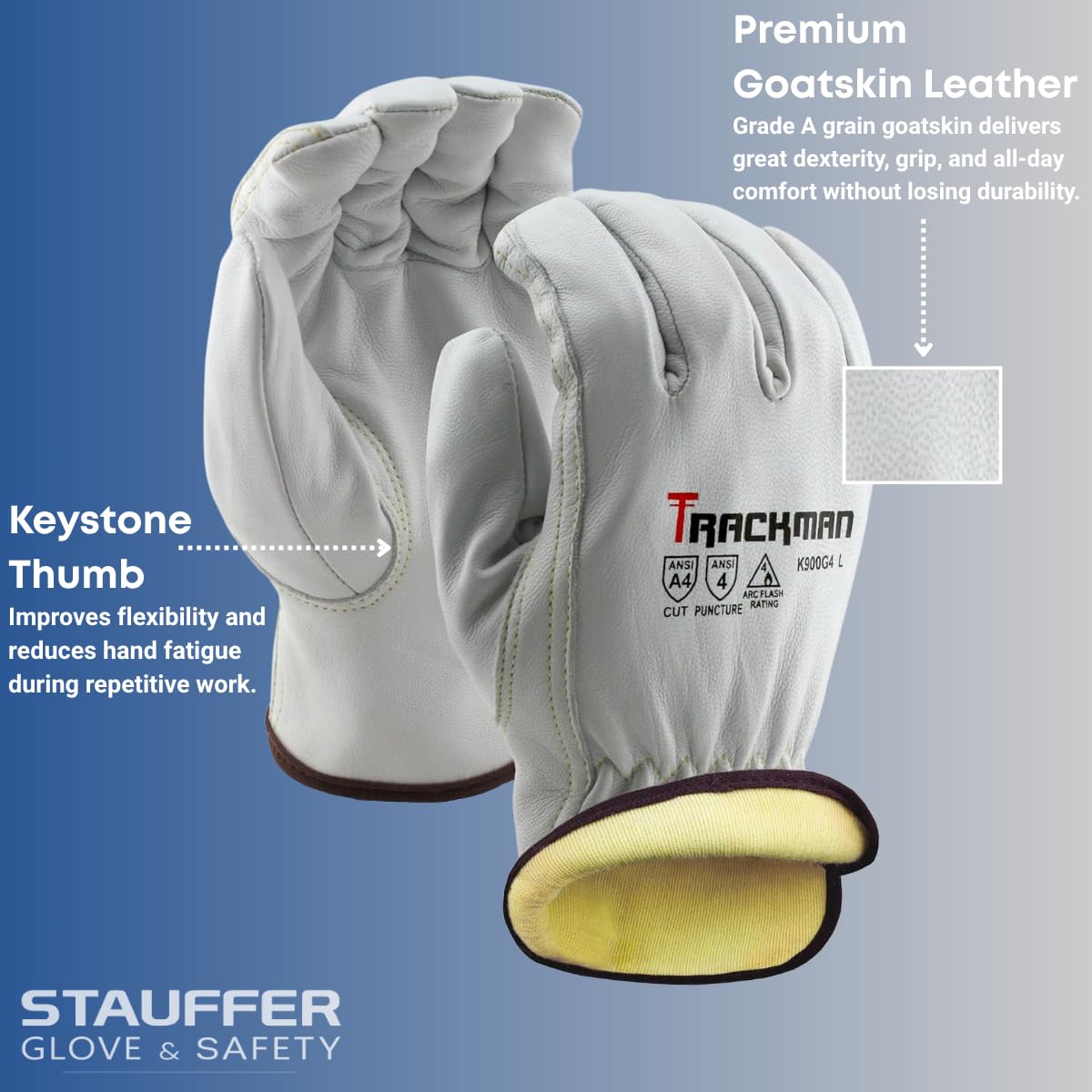 Stauffer Trackman Premium Goatskin Leather, Kevlar lined, Cut Resistant Work Gloves (Large)