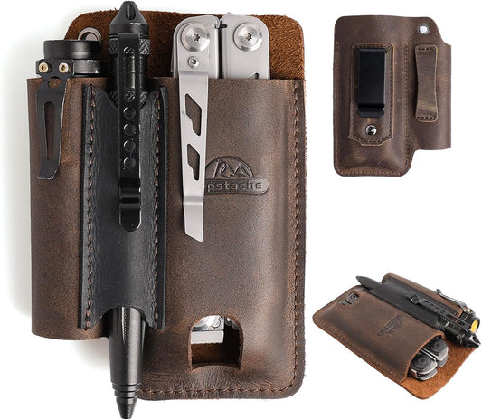 Leather Multitool Sheath with Belt Clip - Multi Tool Holster for Belt - EDC Belt Organizer Fits Multitool, Flashlight, Pen - Leather EDC Pouch, DarkBrown