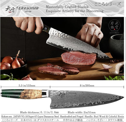 Japanese Gyutou Knife Pro. Handcrafted 8 inch Chef Knife Handmade Forged Knife Japan VG-10 Damascus Steel -Kokoro ser.