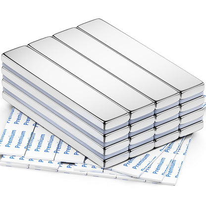 Strong Magnets with Adhesive Backing, 16 Pack 60x10x3mm, Heavy Duty | Neodymium bar magnets with a slim mounting profile; for garage storage, cabinet closures, shower doors and wall signs