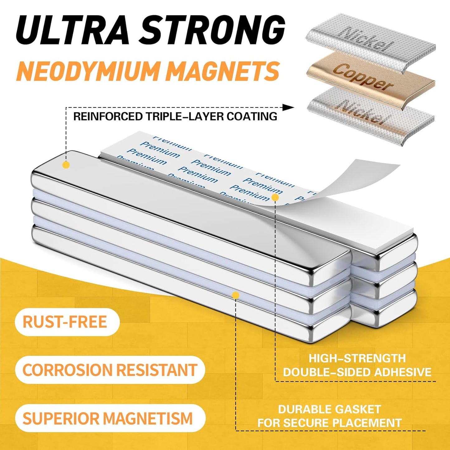 Strong Magnets with Adhesive Backing, 16 Pack 60x10x3mm, Heavy Duty | Neodymium bar magnets with a slim mounting profile; for garage storage, cabinet closures, shower doors and wall signs