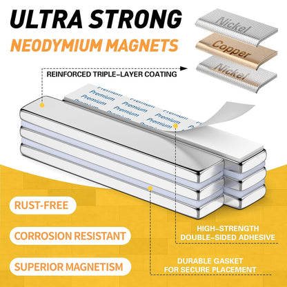 Strong Magnets with Adhesive Backing, 16 Pack 60x10x3mm, Heavy Duty | Neodymium bar magnets with a slim mounting profile; for garage storage, cabinet closures, shower doors and wall signs