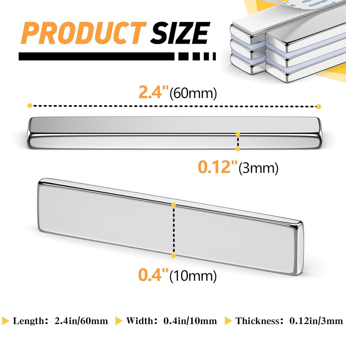 Strong Magnets with Adhesive Backing, 16 Pack 60x10x3mm, Heavy Duty | Neodymium bar magnets with a slim mounting profile; for garage storage, cabinet closures, shower doors and wall signs