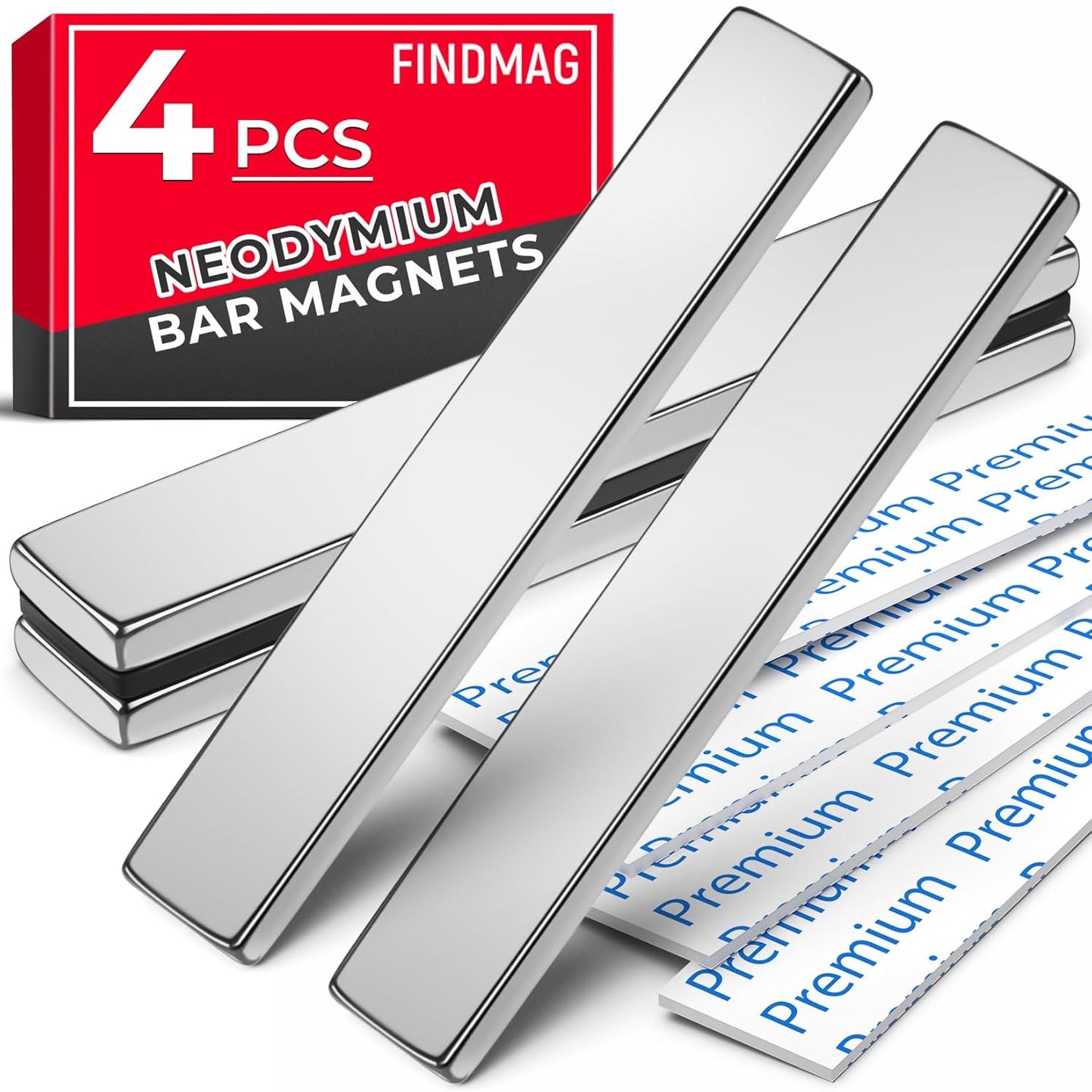 Strong Magnets with Adhesive Backing, 16 Pack 60x10x3mm, Heavy Duty | Neodymium bar magnets with a slim mounting profile; for garage storage, cabinet closures, shower doors and wall signs