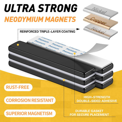 Strong Magnets with Adhesive Backing, 16 Pack 60x10x3mm, Heavy Duty | Neodymium bar magnets with a slim mounting profile; for garage storage, cabinet closures, shower doors and wall signs