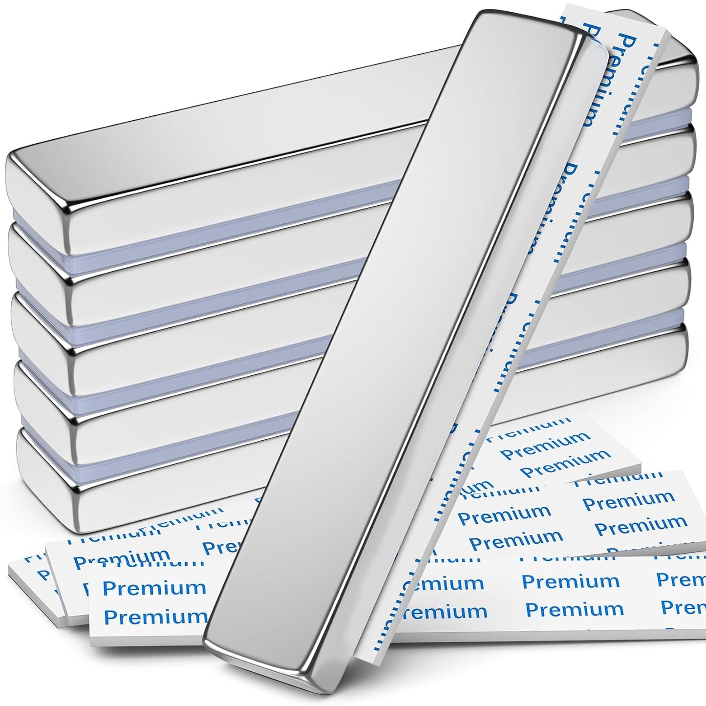 Strong Magnets with Adhesive Backing, 16 Pack 60x10x3mm, Heavy Duty | Neodymium bar magnets with a slim mounting profile; for garage storage, cabinet closures, shower doors and wall signs