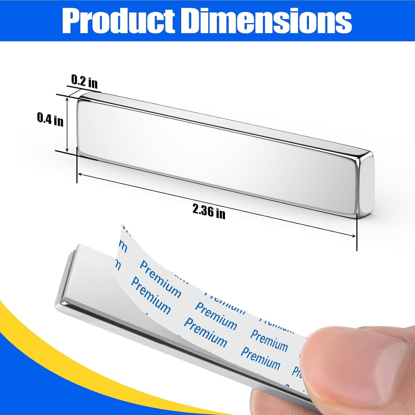 Strong Magnets with Adhesive Backing, 16 Pack 60x10x3mm, Heavy Duty | Neodymium bar magnets with a slim mounting profile; for garage storage, cabinet closures, shower doors and wall signs