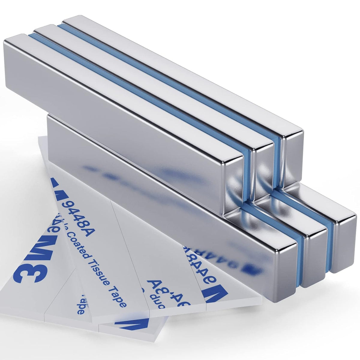 Strong Magnets with Adhesive Backing, 16 Pack 60x10x3mm, Heavy Duty | Neodymium bar magnets with a slim mounting profile; for garage storage, cabinet closures, shower doors and wall signs
