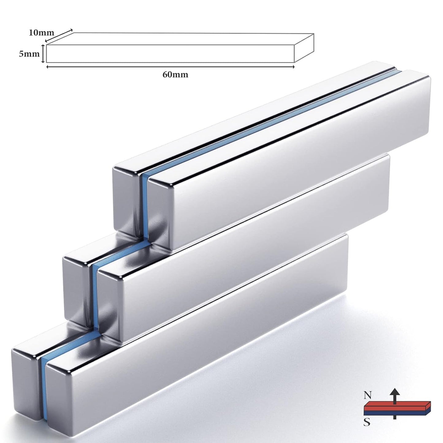 Strong Magnets with Adhesive Backing, 16 Pack 60x10x3mm, Heavy Duty | Neodymium bar magnets with a slim mounting profile; for garage storage, cabinet closures, shower doors and wall signs