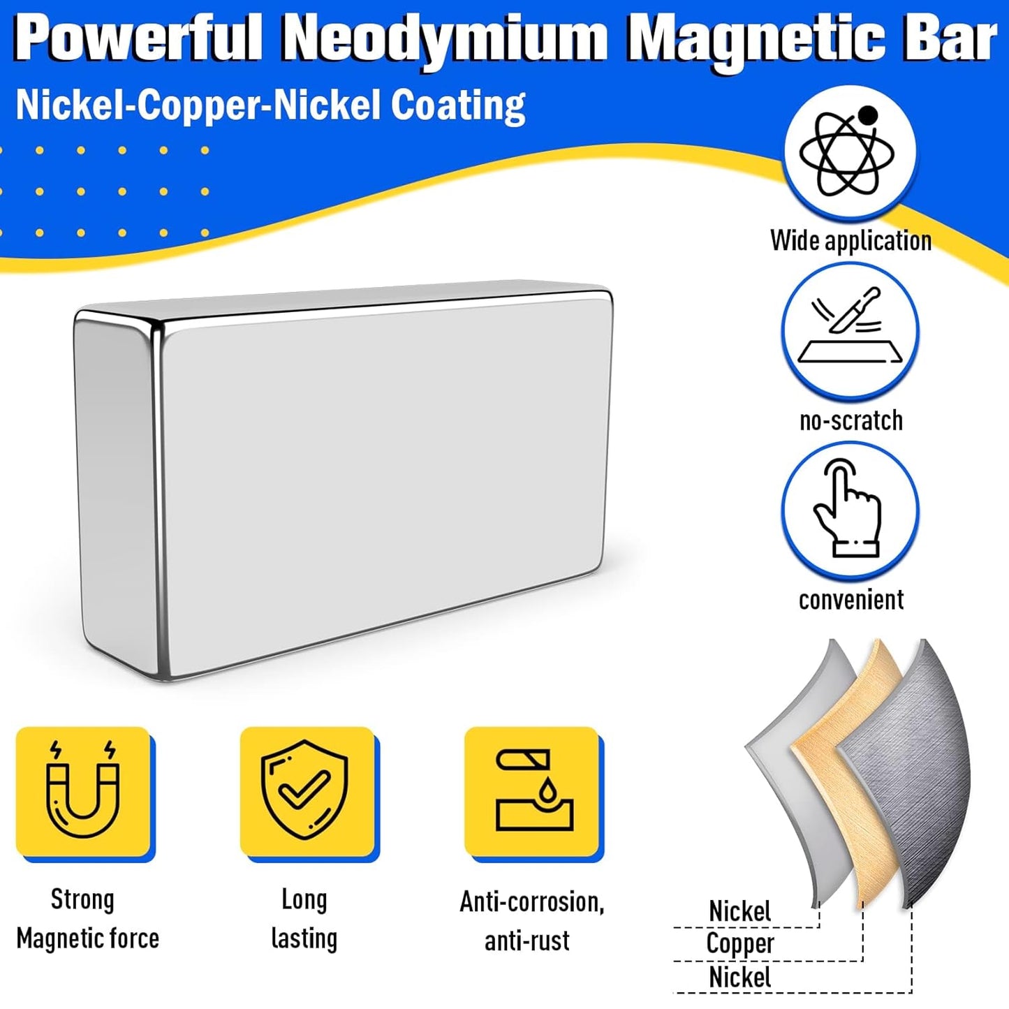 Strong Magnets with Adhesive Backing, 16 Pack 60x10x3mm, Heavy Duty | Neodymium bar magnets with a slim mounting profile; for garage storage, cabinet closures, shower doors and wall signs