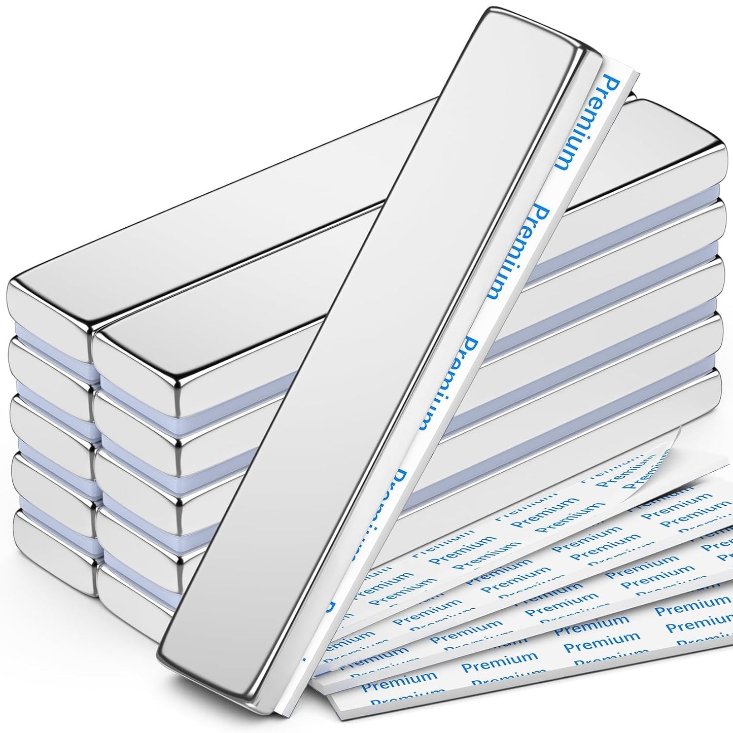 Strong Magnets with Adhesive Backing, 16 Pack 60x10x3mm, Heavy Duty | Neodymium bar magnets with a slim mounting profile; for garage storage, cabinet closures, shower doors and wall signs