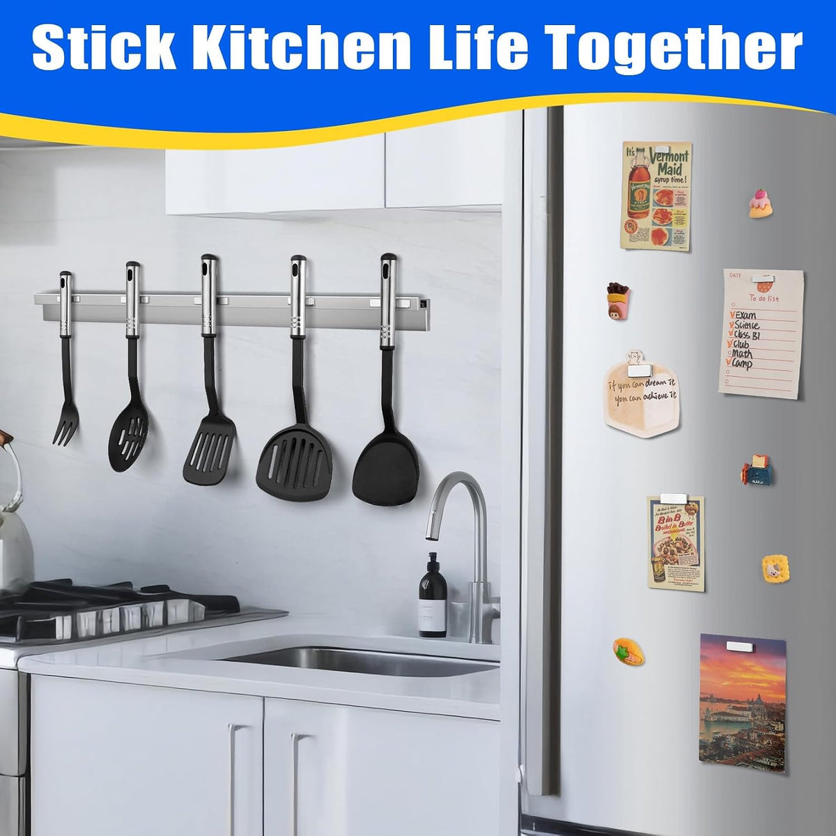 Strong Magnets with Adhesive Backing, 16 Pack 60x10x3mm, Heavy Duty | Neodymium bar magnets with a slim mounting profile; for garage storage, cabinet closures, shower doors and wall signs