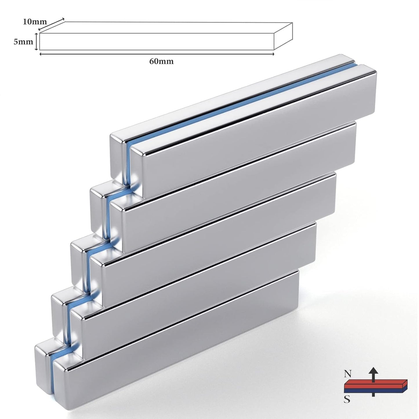 Strong Magnets with Adhesive Backing, 16 Pack 60x10x3mm, Heavy Duty | Neodymium bar magnets with a slim mounting profile; for garage storage, cabinet closures, shower doors and wall signs