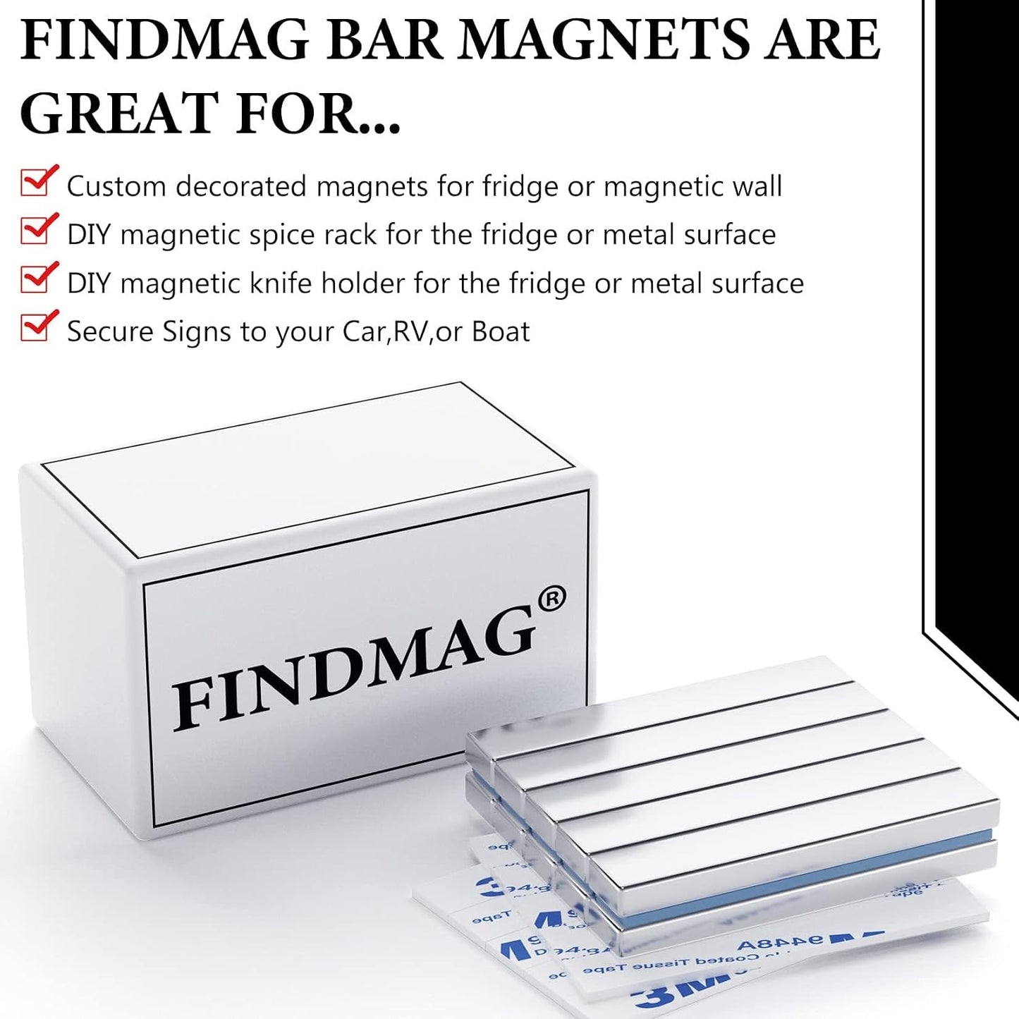 Strong Magnets with Adhesive Backing, 16 Pack 60x10x3mm, Heavy Duty | Neodymium bar magnets with a slim mounting profile; for garage storage, cabinet closures, shower doors and wall signs