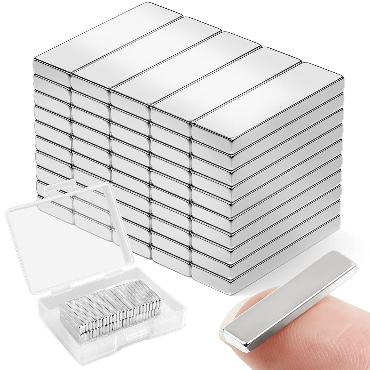 Strong Magnets with Adhesive Backing, 16 Pack 60x10x3mm, Heavy Duty | Neodymium bar magnets with a slim mounting profile; for garage storage, cabinet closures, shower doors and wall signs