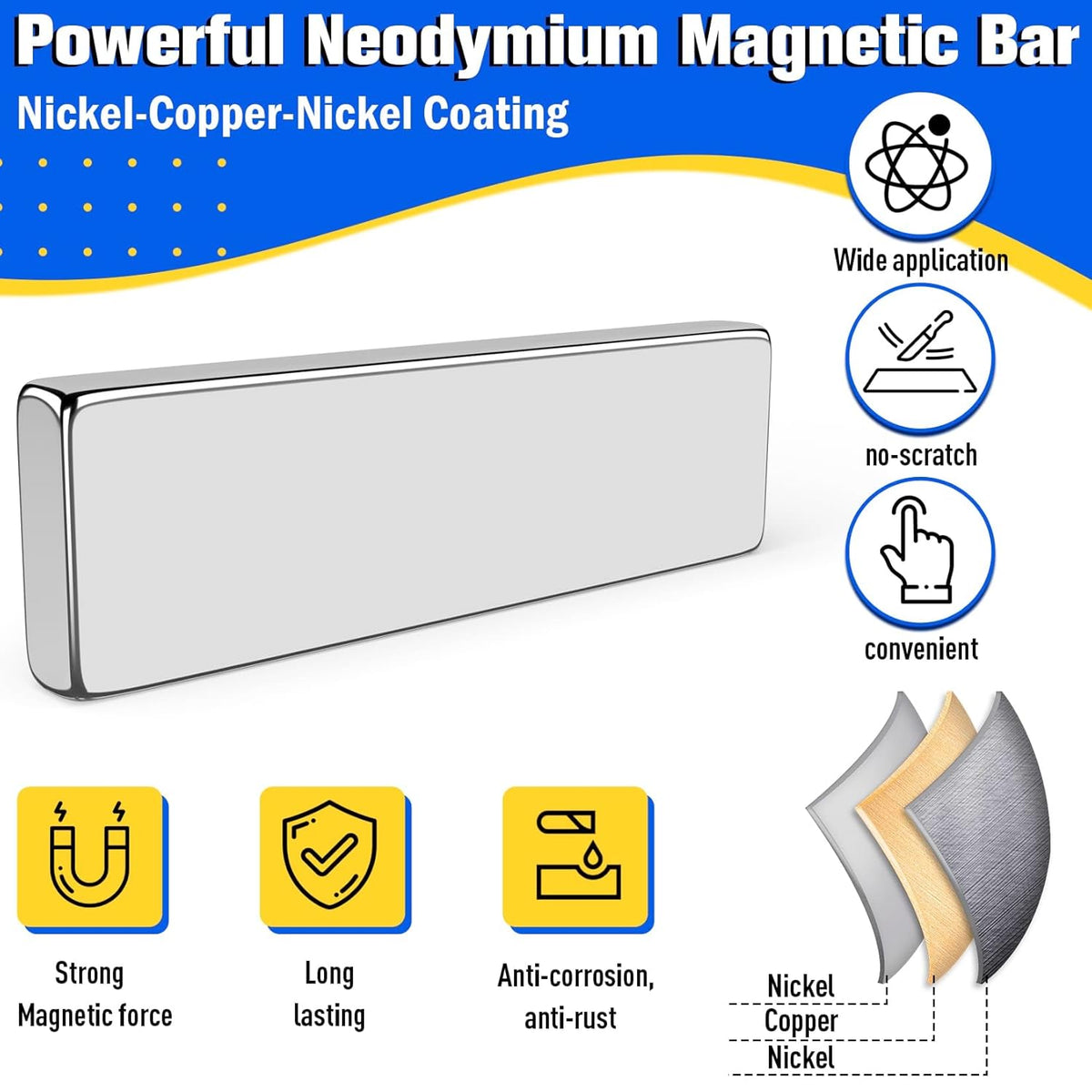 Strong Magnets with Adhesive Backing, 16 Pack 60x10x3mm, Heavy Duty | Neodymium bar magnets with a slim mounting profile; for garage storage, cabinet closures, shower doors and wall signs