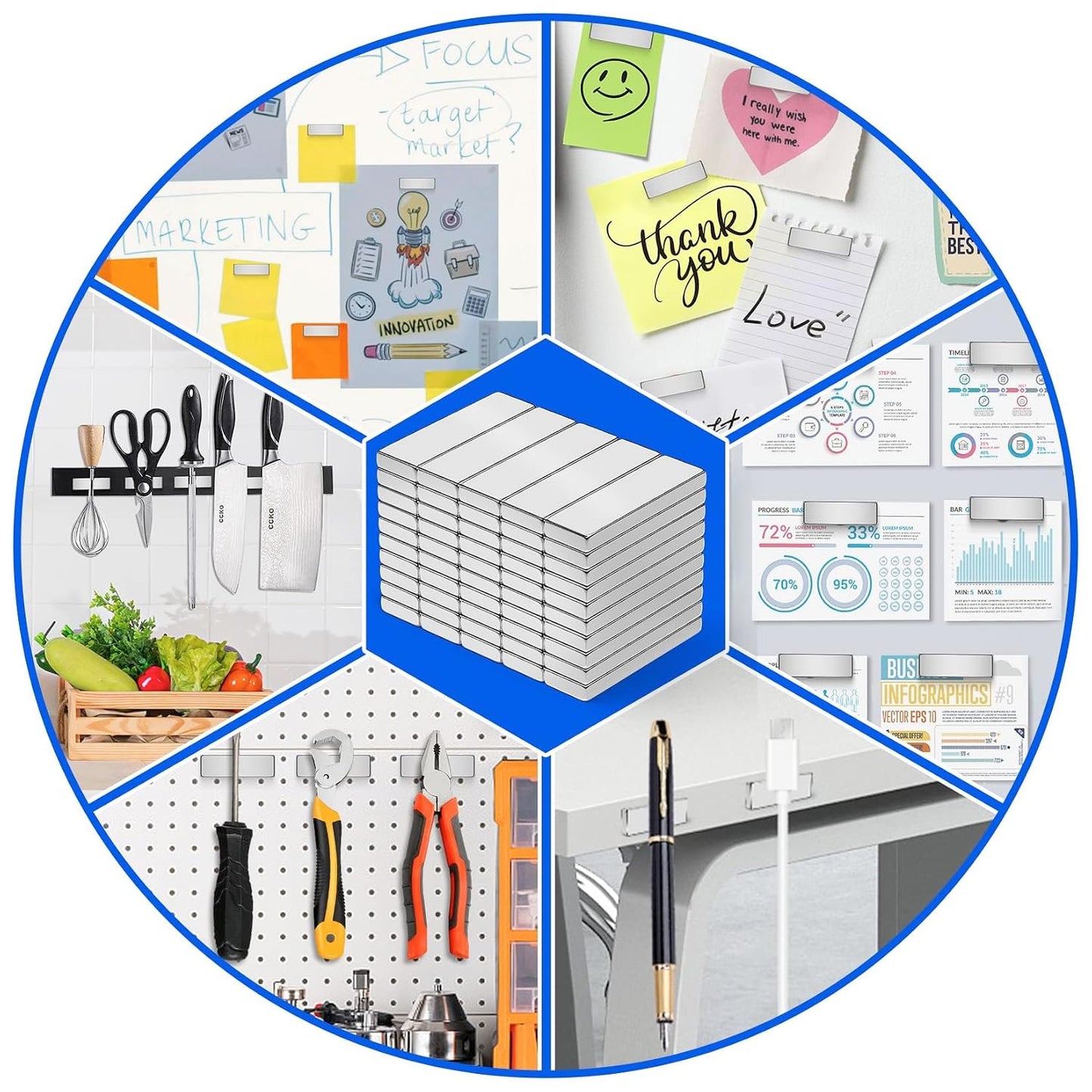 Strong Magnets with Adhesive Backing, 16 Pack 60x10x3mm, Heavy Duty | Neodymium bar magnets with a slim mounting profile; for garage storage, cabinet closures, shower doors and wall signs