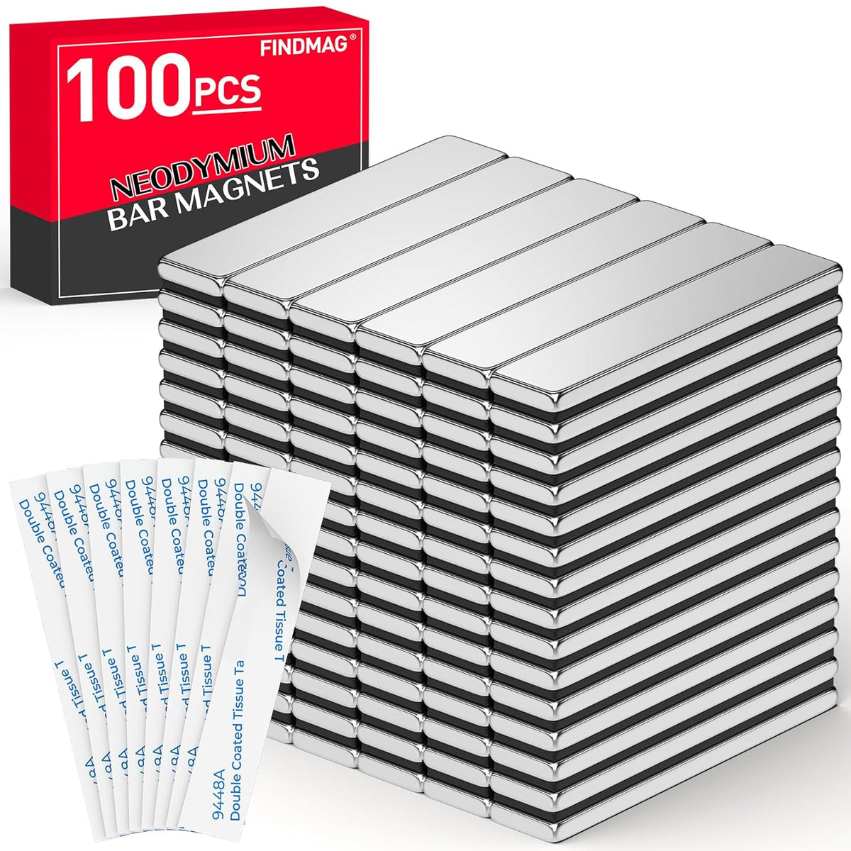 Strong Magnets with Adhesive Backing, 16 Pack 60x10x3mm, Heavy Duty | Neodymium bar magnets with a slim mounting profile; for garage storage, cabinet closures, shower doors and wall signs