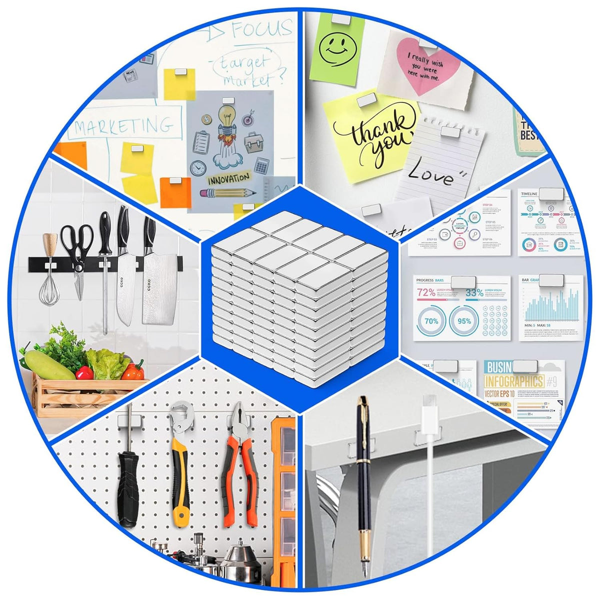 Strong Magnets with Adhesive Backing, 16 Pack 60x10x3mm, Heavy Duty | Neodymium bar magnets with a slim mounting profile; for garage storage, cabinet closures, shower doors and wall signs