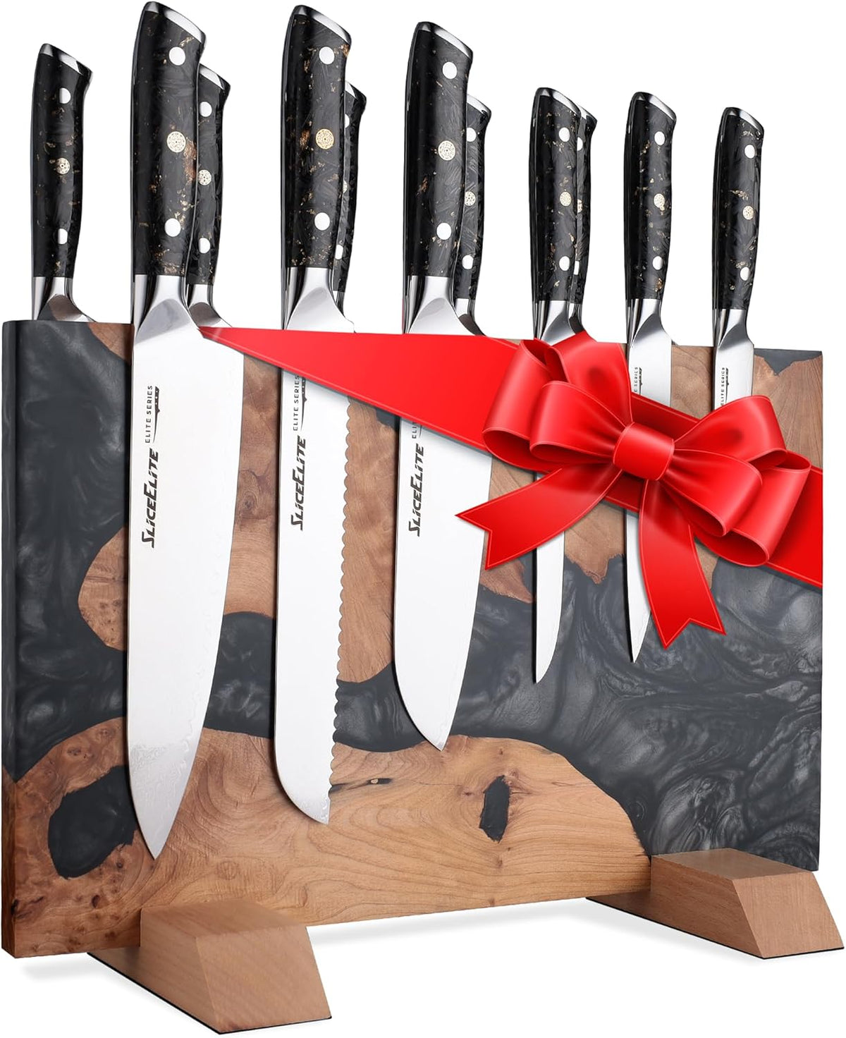 Magnetic Knife Block Double Sided Holder East Indian Walnut Black Resin Dual Surface Magnet Storage for Knives on Kitchen Countertop Holds Up To 20 Knives