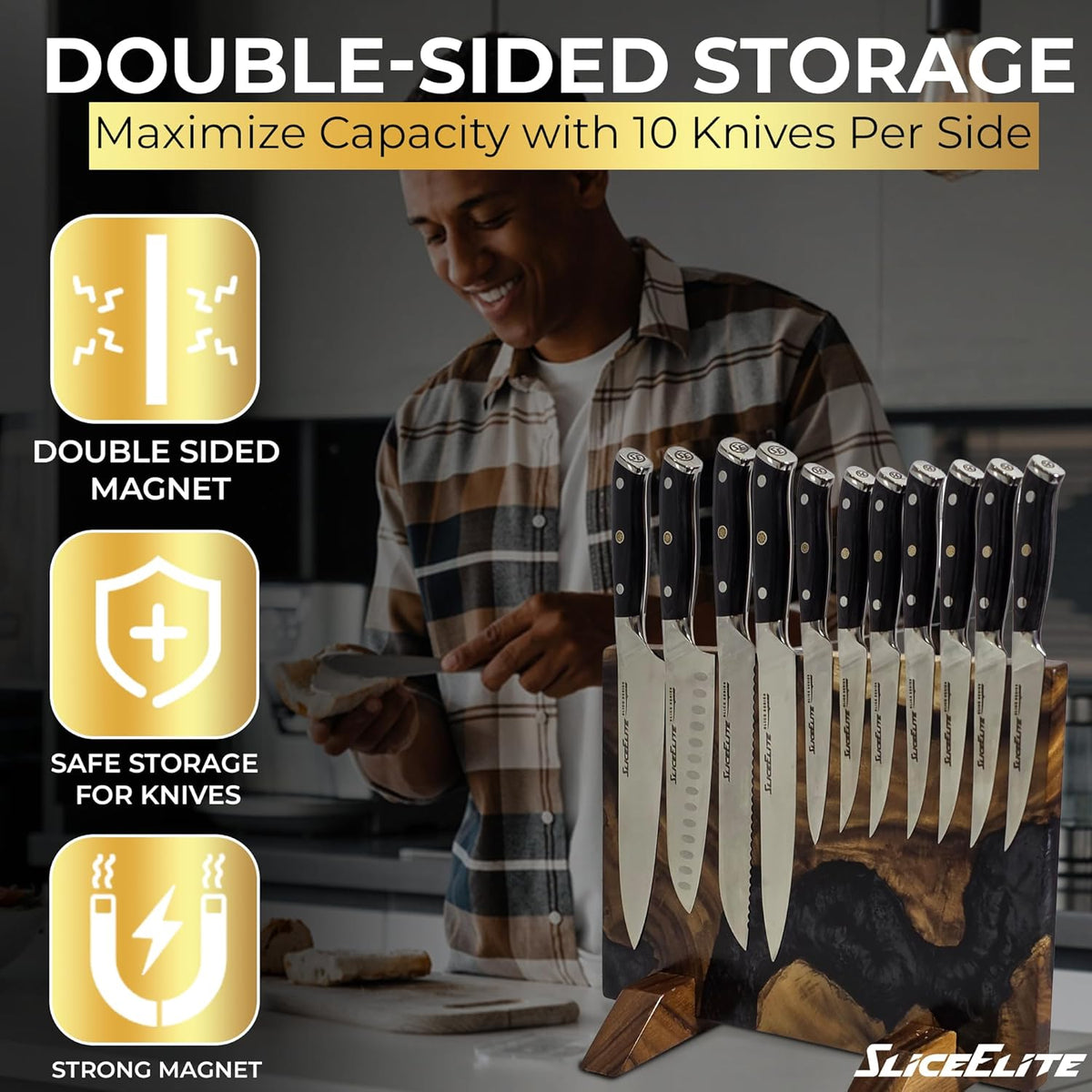 Magnetic Knife Block Double Sided Holder East Indian Walnut Black Resin Dual Surface Magnet Storage for Knives on Kitchen Countertop Holds Up To 20 Knives