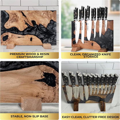 Magnetic Knife Block Double Sided Holder East Indian Walnut Black Resin Dual Surface Magnet Storage for Knives on Kitchen Countertop Holds Up To 20 Knives