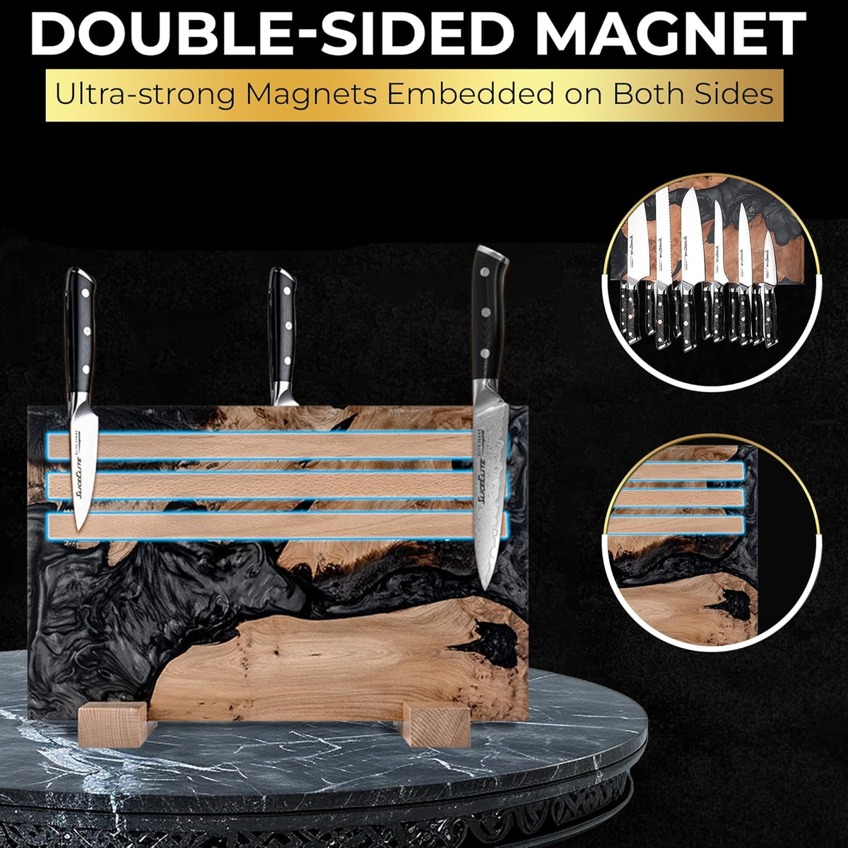 Magnetic Knife Block Double Sided Holder East Indian Walnut Black Resin Dual Surface Magnet Storage for Knives on Kitchen Countertop Holds Up To 20 Knives